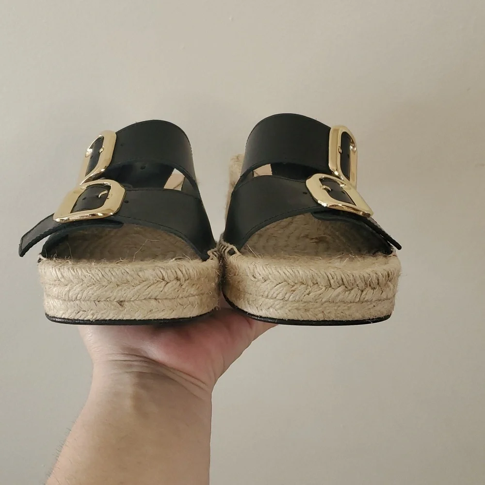 J. Crew Black Leather Block Heel Espadrille Sandals Size 8 Gold Buckle Womens